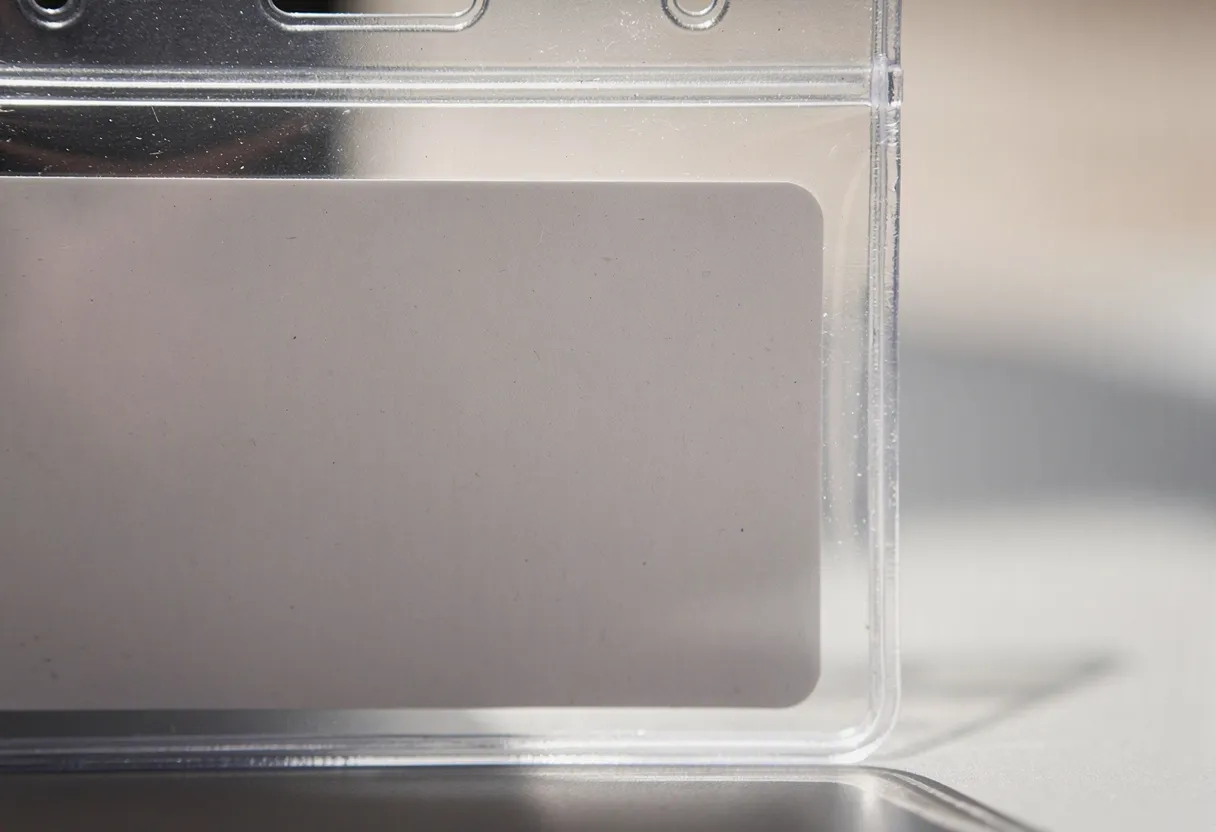 A clear PVC lanyard pouch lying flat with a printed mark on the front face.