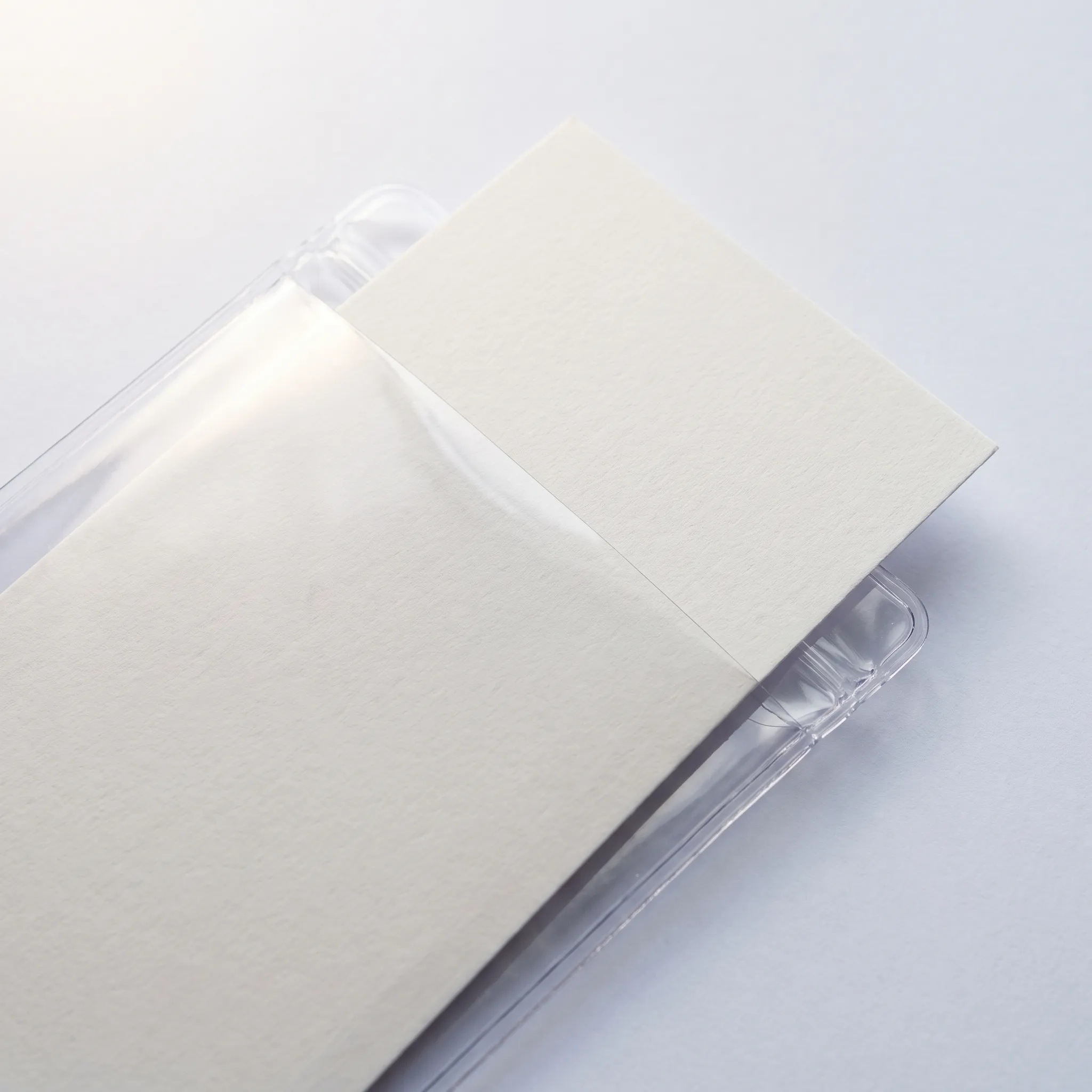 A blank card part-way into the mouth of a clear PVC pouch.