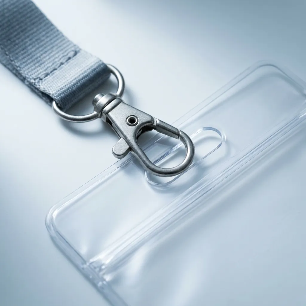 Macro view of a trigger clip at the end of a polyester lanyard, passing through the punched oval slot of a clear PVC pouch.