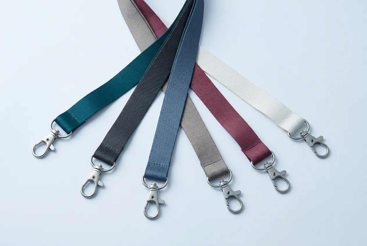 Several dye-sublimation printed polyester lanyards laid side by side, each a different solid colour, with trigger clips at one end.