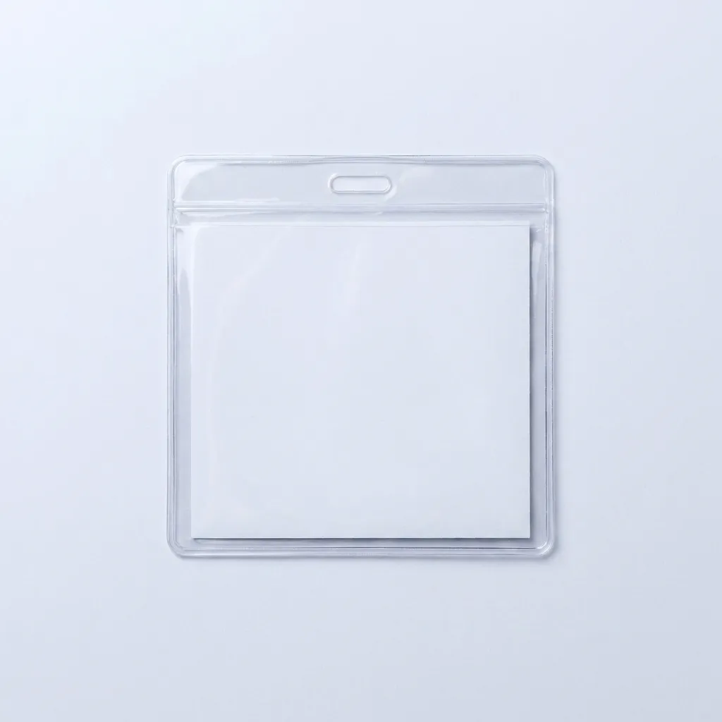 A square clear PVC badge pouch with a blank white square insert, equal in width and height.
