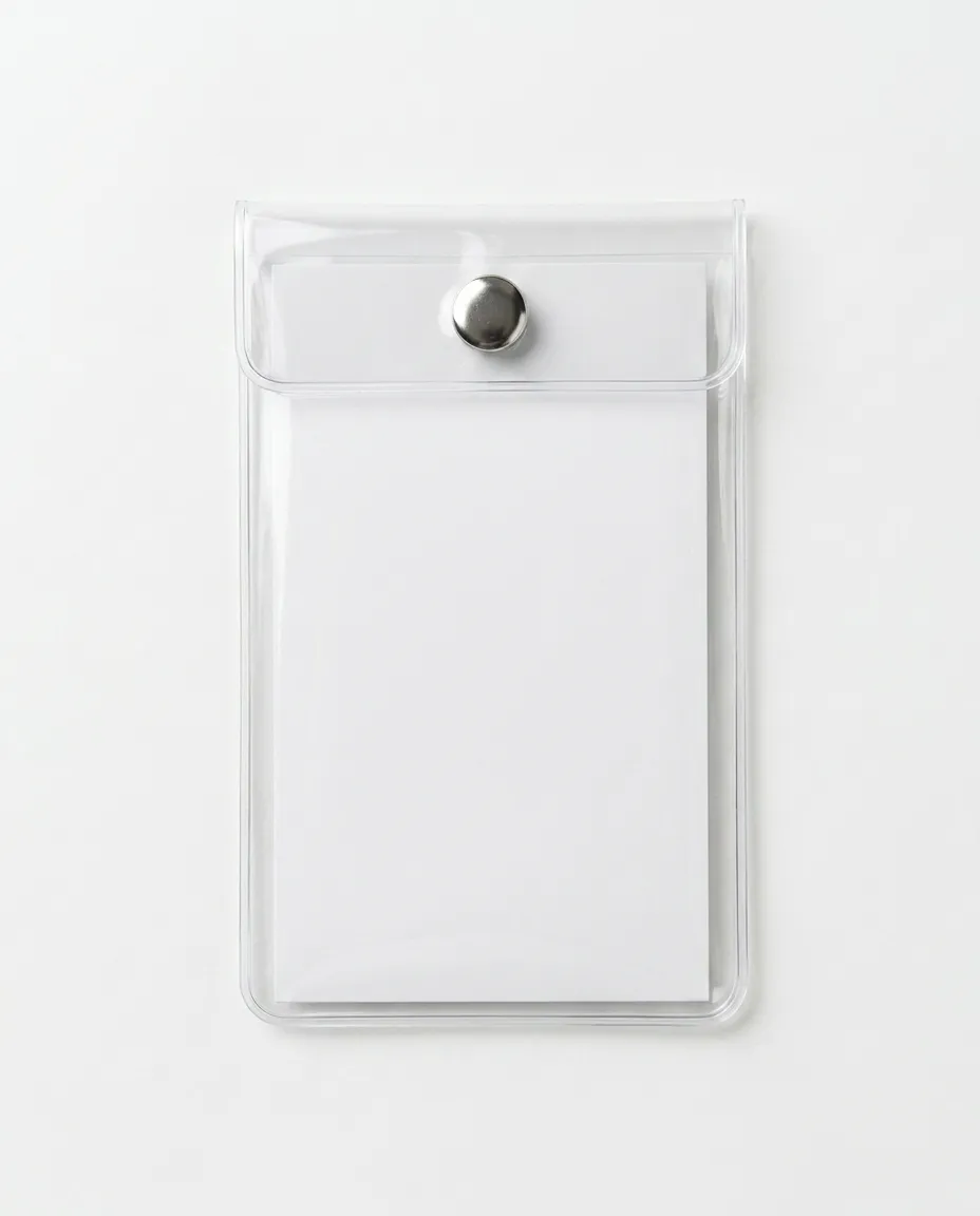 A clear PVC ID pouch with a closed press stud fastener on the flap along the top edge.