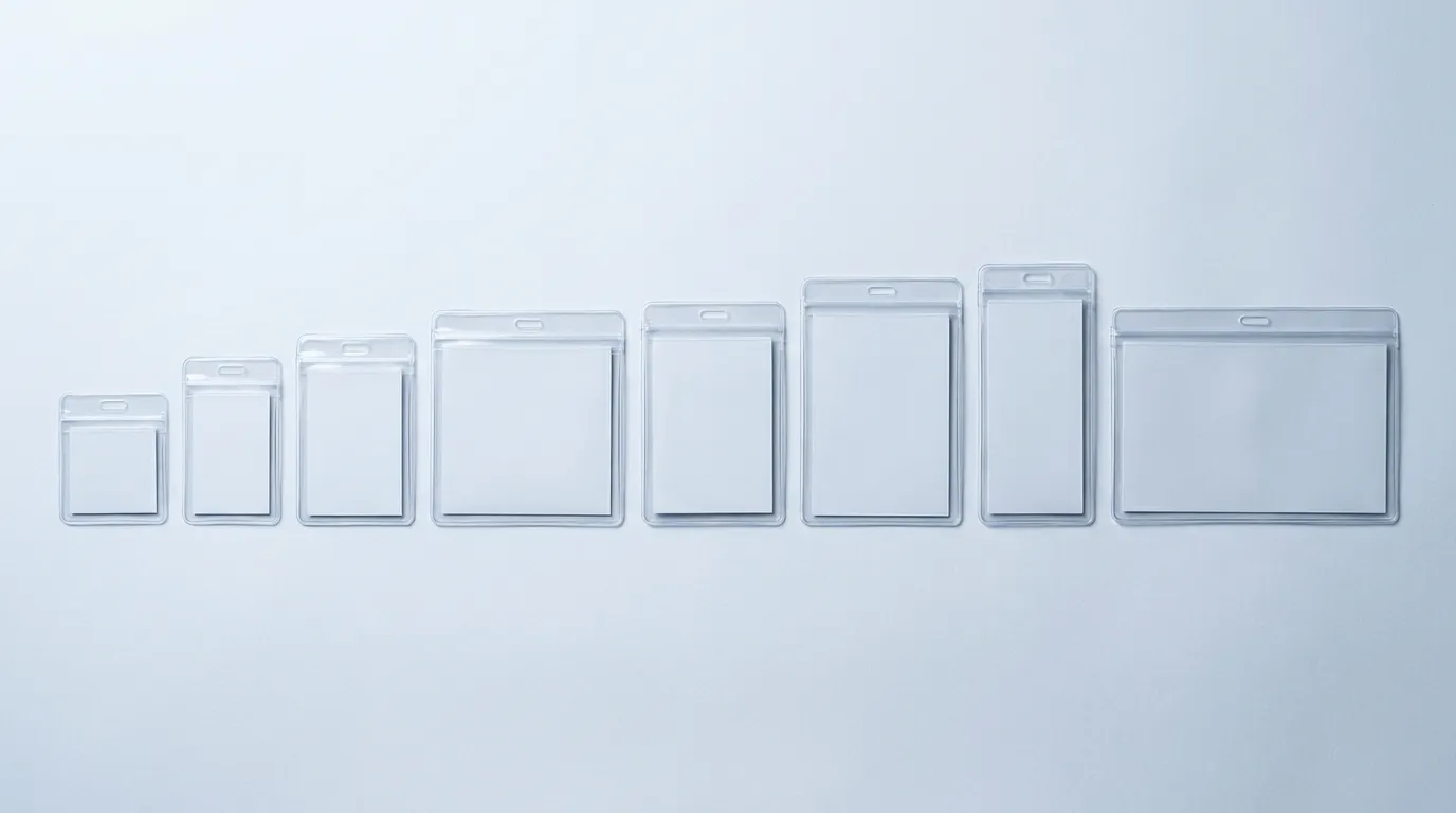 All eight clear PVC lanyard pouch formats arranged in a row from smallest to largest, each holding a blank white insert.