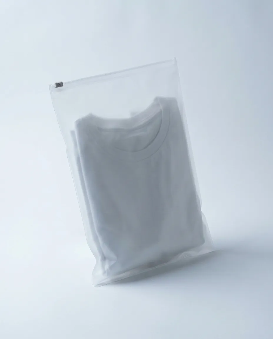 A frosted matte PVC zipper bag standing closed on a pale surface, a folded pale garment visible as a soft shape through the translucent front.