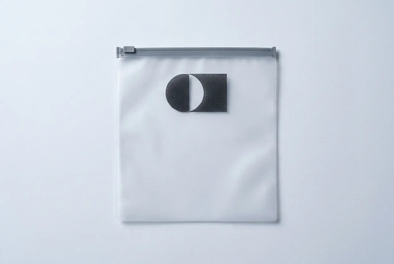 A frosted PVC zipper bag with a flat charcoal geometric mark printed on the front.
