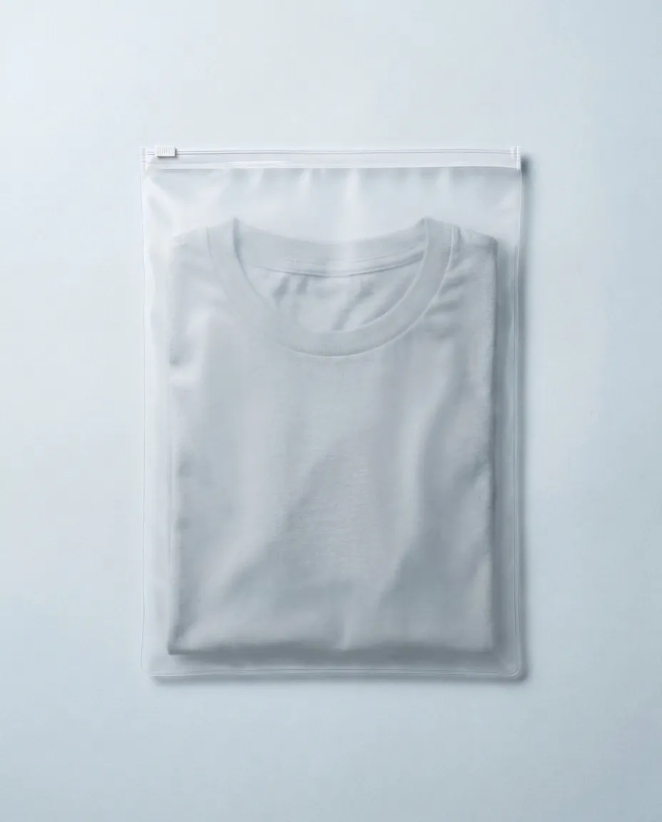 A neatly folded plain t-shirt inside a frosted zipper bag on a pale surface.