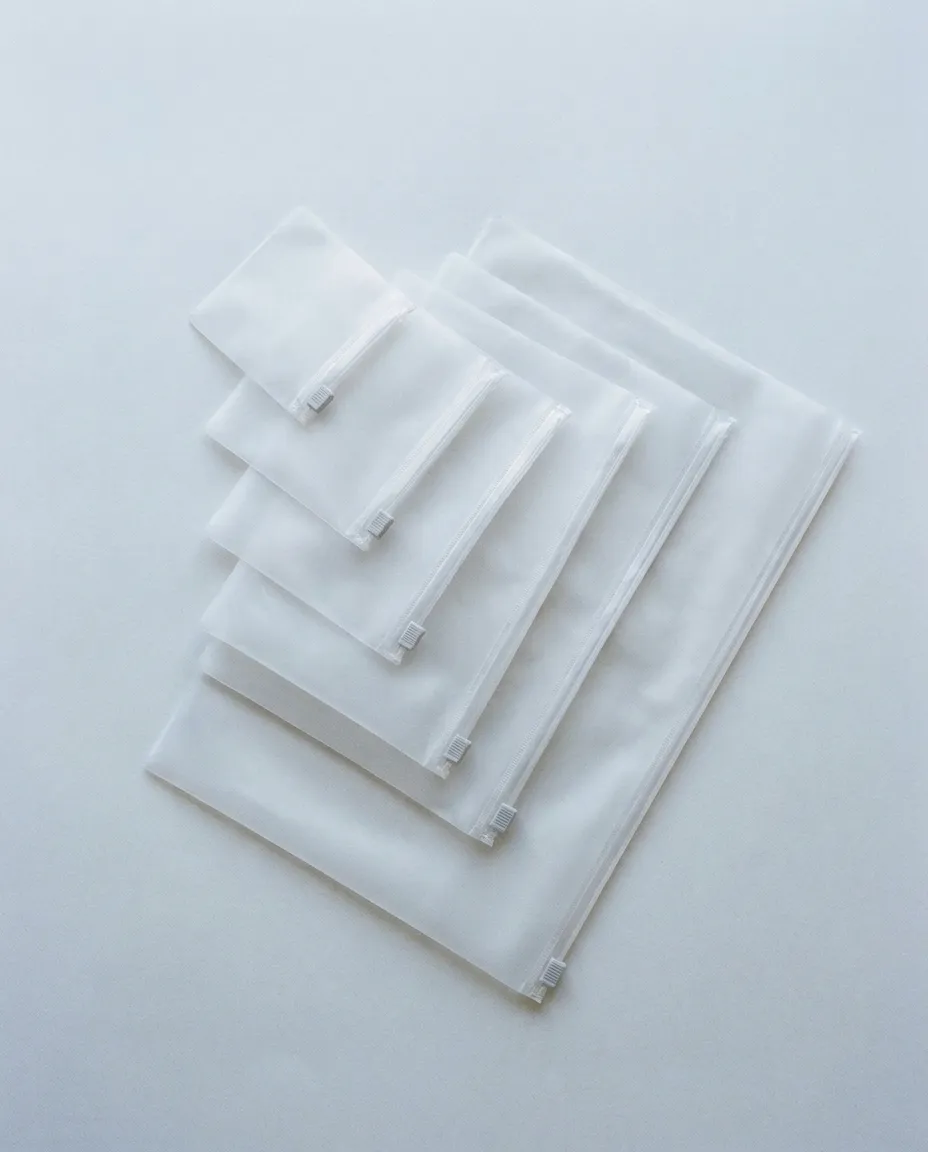 Several frosted zipper bags in different sizes arranged together as a retail set.