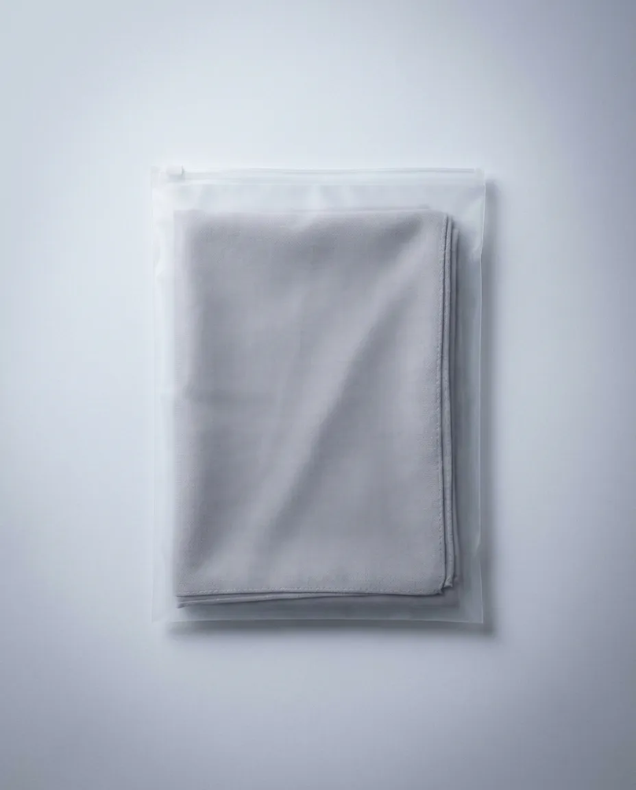 A folded pale scarf inside a frosted zipper bag, the fabric colour reading softly through the matte surface.